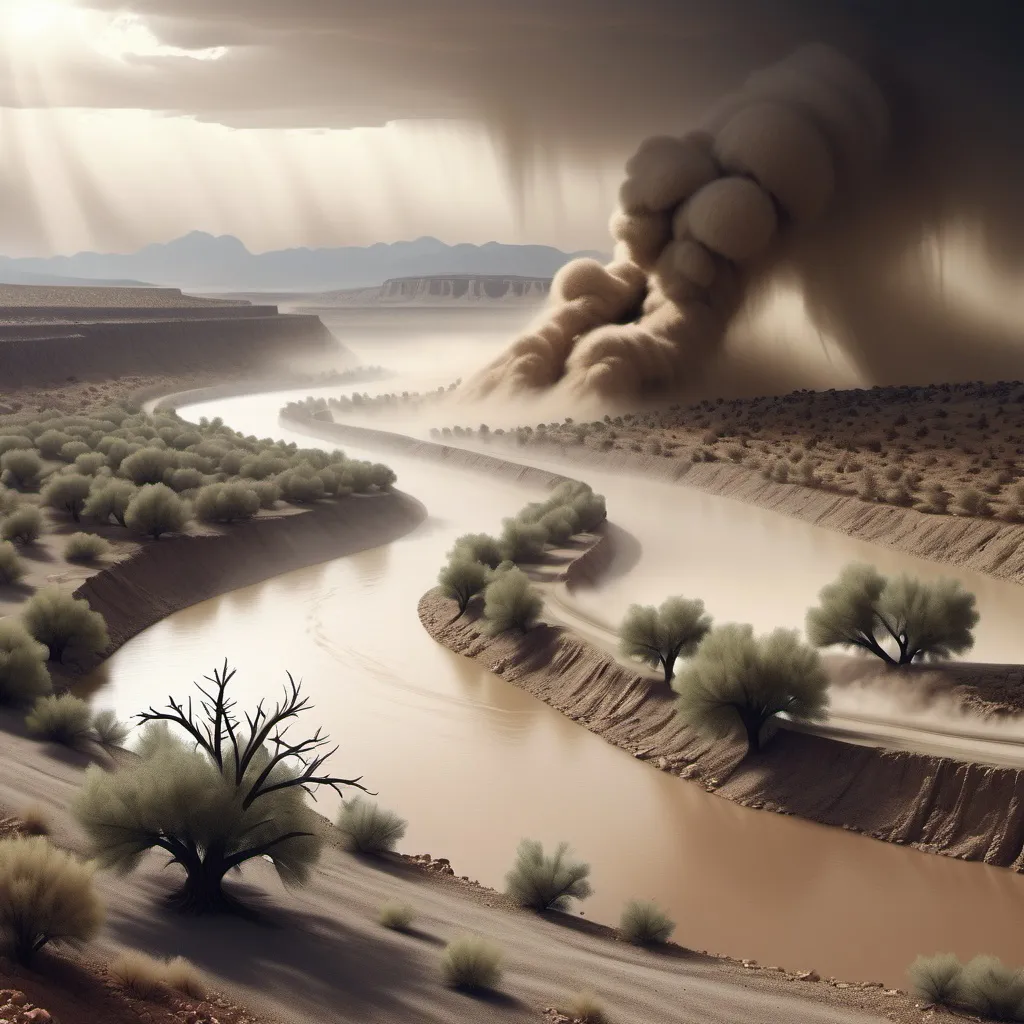 Prompt: create a photorealistic image of a valley with a river going through it with dead bushes and trees going around it and make a big dust storm coming