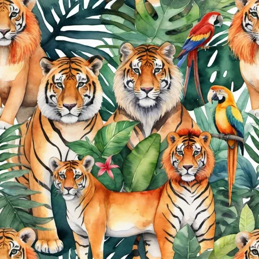 Prompt: a watercolor painting collage of tropical jungle animals IT SHOULD BE WILD, ANIMALS SHOULD ROAR