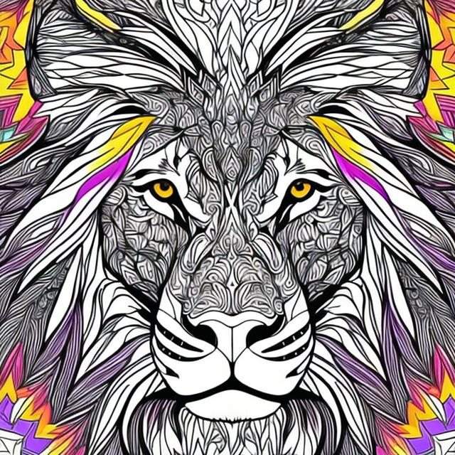 Prompt: coloring pages for adults, animals ,LION, in the style of kaleidoscope art, Low Detail, Geometric background VIVID COLOUR, No Shading, --ar 9:16

