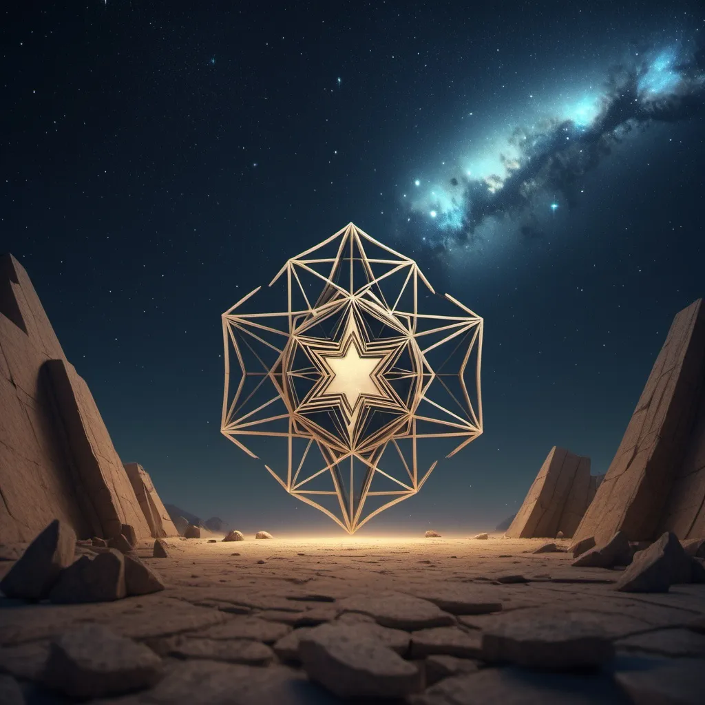 Prompt: Eleusinian mysteries, starry sky, cgi, mysterious geometric shapes