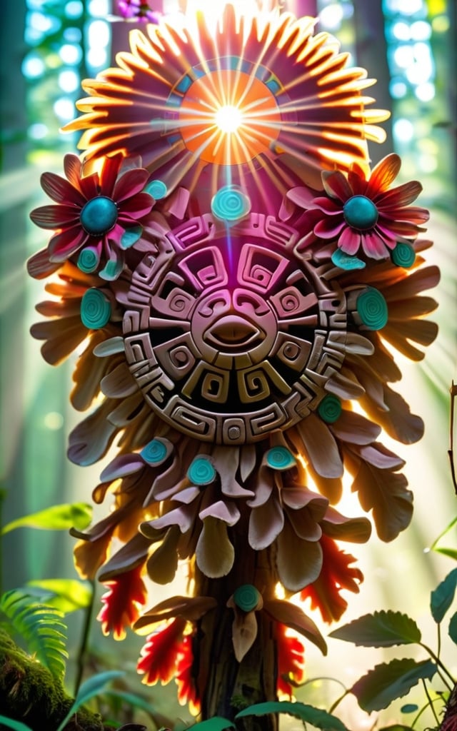 Prompt: Aztec sun in a mystical forest around sunlight, flowers and Magic Mushrooms