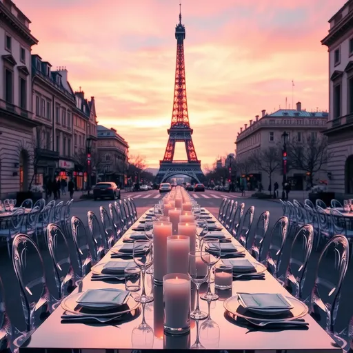 Prompt: Paris Eiffel view. Pink Sunset Sky.  on the middle of street wide and two long mirror finish tables with and clear chairs. on the table many different height candles are in the glass vases. on the table clear charger plates and white dinner plates and silverware and glass ware. 
Make table more longer and only pillar candles
clear chairs and exream modern design table
No greenery on the table. line up candles and different height
Add modern flowers white.
Create more details drawings. modern and chic. make tables wider and add more candles