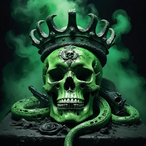 Prompt: KING SERPENT, (slimy texture), human skull, intricate details, contrasted with shattered firearms, dramatic dark background, mood of menace and intensity, vibrant green and black tones, mystical ambiance with swirling mist, eerie lighting, ultra-detailed, high quality, creating a captivating, ominous atmosphere, emphasizing power and danger.