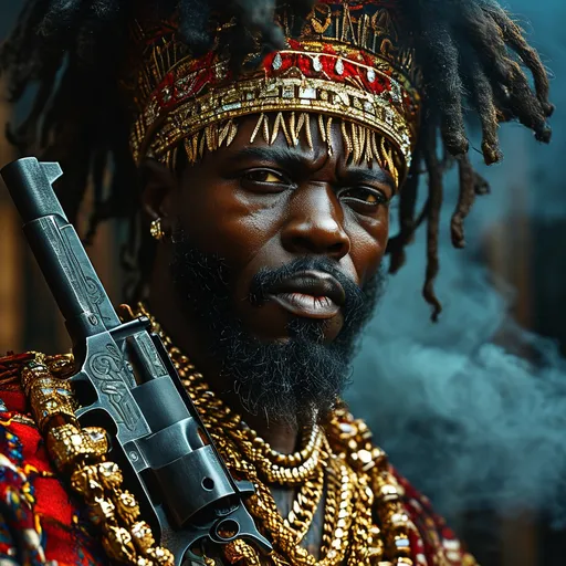 Prompt: (smoke) black king  African man bandit with dreadlocks, adorned in rich diamond jewelry and chains, holding a sleek gun, exuding a fierce demeanor, intense gaze, rich contrasting textures of diamonds, mixed dark and reflective surfaces, moody ambience, shadows enhancing depth, urban landscape background, high contrast lighting, ultra-detailed, high quality, gritty atmosphere. big guns