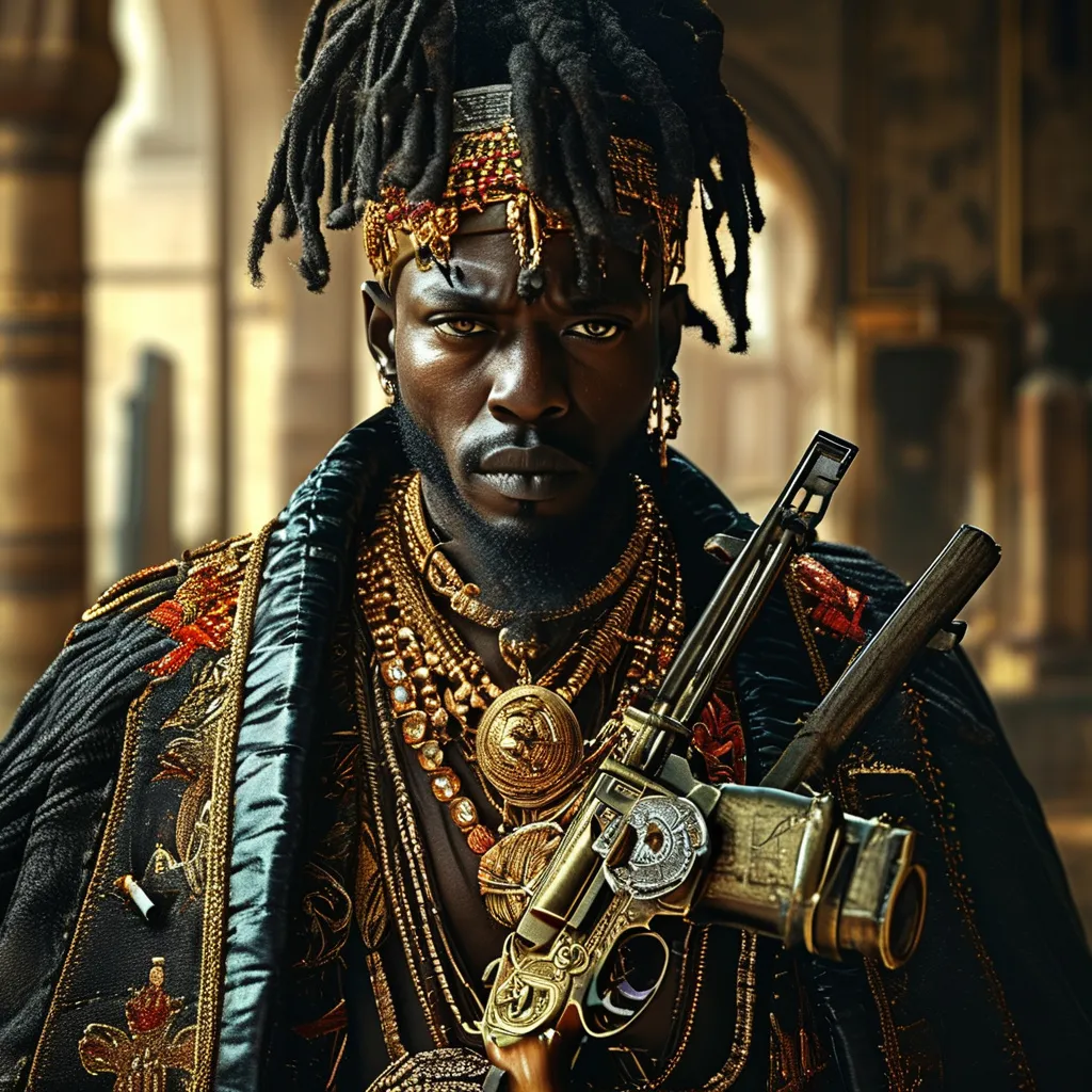 Prompt: ) skimas bandit robbery  black king  African man bandit with dreadlocks, adorned in rich diamond jewelry and chains, holding a sleek gun, exuding a fierce demeanor, intense gaze, rich contrasting textures of diamonds, mixed dark and reflective surfaces, moody ambience, shadows enhancing depth, urban landscape background, high contrast lighting, ultra-detailed, high quality, gritty atmosphere. big guns