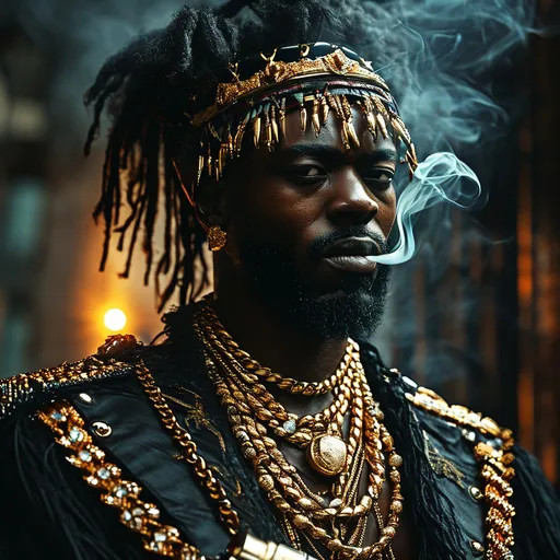 Prompt: (smoke) black king  African man bandit with dreadlocks, adorned in rich diamond jewelry and chains, holding a sleek gun, exuding a fierce demeanor, intense gaze, rich contrasting textures of diamonds, mixed dark and reflective surfaces, moody ambience, shadows enhancing depth, urban landscape background, high contrast lighting, ultra-detailed, high quality, gritty atmosphere.