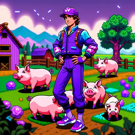 Prompt: A male charismatic Stardew Valley farmer with a backwards light blue cap with brown hair wearing a full purple 80s dance outfit with purple trainers, with jovial pigs nearby on a farm