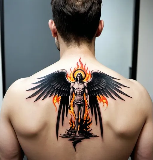 Prompt: Upper back tattoo on a man. The tatoo has to be archangel Michle faceless Saving a man from the flames of hell. There should be a writing above the scene that says: "ΠΡΟΣΧΟΜΕΝ ΤΙ ΕΠΑΘΑΝ ΟΙ ΕΚΠΕΣΩΝΤΕΣ"
 