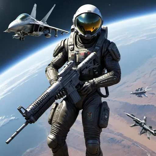 Prompt: aircraft, airplane, alien, assault rifle, cyberpunk, earth \(planet\), energy gun, english text, fighter jet, gun, helicopter, holding gun, military, planet, realistic, rifle, science fiction, space, space craft, spacesuit, star \(sky\), weapon