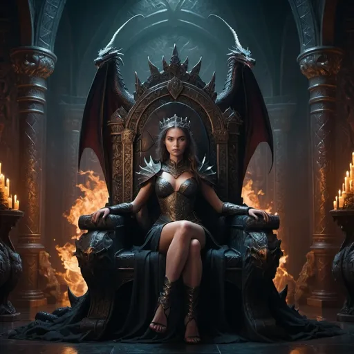 Prompt: a female sitting on throne with dragon surrounding the throne