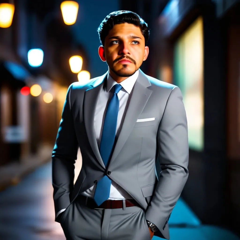 Prompt: he is wearing a grey suit. white shirt. grey tie.



night. street alley.. mystery ambient. blue counter light. light leaks. beautiful hazel eyes, highly detailed eyes, realistic eyes, thin