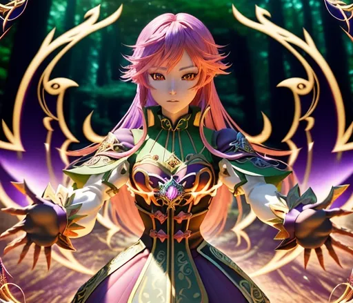 Prompt: Vibrant anime artwork of a fantasy world, high-quality 3D rendering, detailed characters with expressive faces, intricate costume designs, magical lighting effects, cinematic composition, best quality, highres, ultra-detailed, anime, fantasy, vibrant colors, dynamic composition, genshin impact character Style, 3D rendering, detailed characters, magical lighting in magical forest