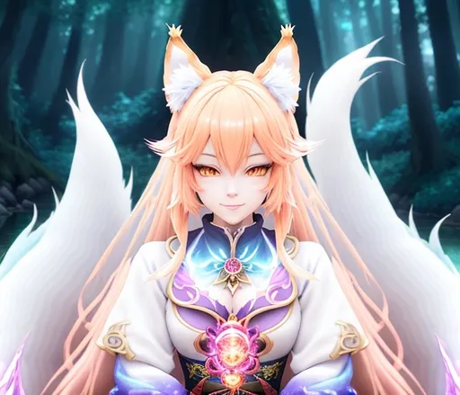 Prompt: Vibrant anime artwork of a fantasy world, high-quality 3D rendering, detailed characters with expressive faces, intricate costume designs, magical lighting effects, cinematic composition, best quality, highres, ultra-detailed, anime, fantasy, vibrant colors, dynamic composition, genshin impact character Style, 3D rendering, detailed characters, magical lighting, magical forest, kitsune ears and tails, Smiling sitting next to a river