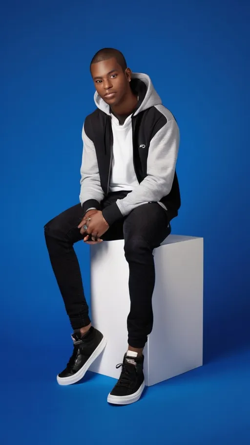 Prompt: Photograph of a young Black man with a medium-dark skin tone, short-cropped hair, and a clean-shaven face, sitting on a white cube against a solid blue background. He is wearing black skinny jeans, black high-top sneakers with white soles, and a gray and black zip-up hoodie with yellow accents and a white shirt underneath. He has on round, dark sunglasses and is clasping his hands together in front of him, with a focused expression. The blue background is uniformly lit, creating a circular light halo effect behind him. The image has a modern, fashion-forward style, emphasizing casual, urban attire.
