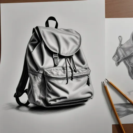 Prompt: a drawing of a backpack on a piece of paper with a pencil drawing of it on a table top, artist, photorealism, realistic proportions, a sketch