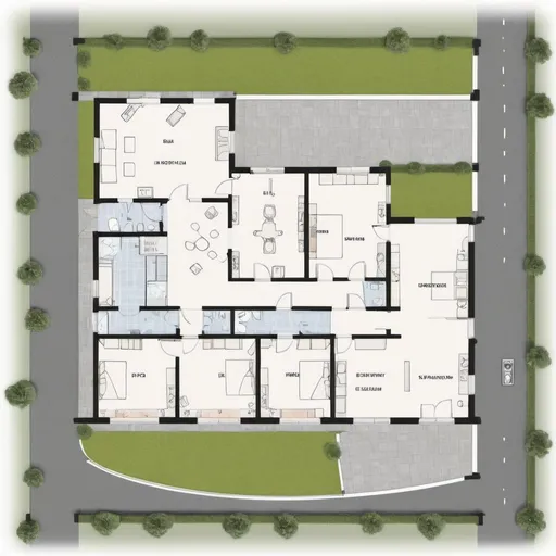 Prompt: Draw an architectural floor plan of school providing the folowing rooms:  6 klaslokalen van ongeveeer 420m² in totaal, en 2 zorgklassen van 70 m², en 1 refter, en 1 refter bediening, en 1 keuken, en 1 berging keuken van 270m, en 1 directielokaal, en 1 secretariaat van 50m², en 1 lerarenkamer van 72m², en 1 stookplaats, en 1 EHBO lokaal van 35 m², en Bergingen van 60 m², en sanitaire ruimtes van  73m², en inkom van 40m², en circulatie ruimtes van 320 m², en open speelplaats van 980m², en overdekte speelplaats van 180m².