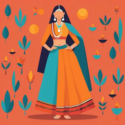 Prompt: Flat illustration a womanin indian clothes, simple forms, simple shapes, vector, minimalism vibrant colours