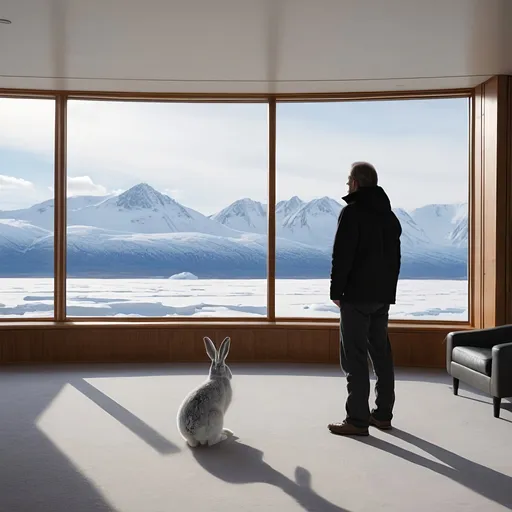 Prompt: A man standing in the middle of a lounge-room with windows that give a view of snow-covered mountains. The man is looking at an arctic hare which is sitting on it’s haunches 