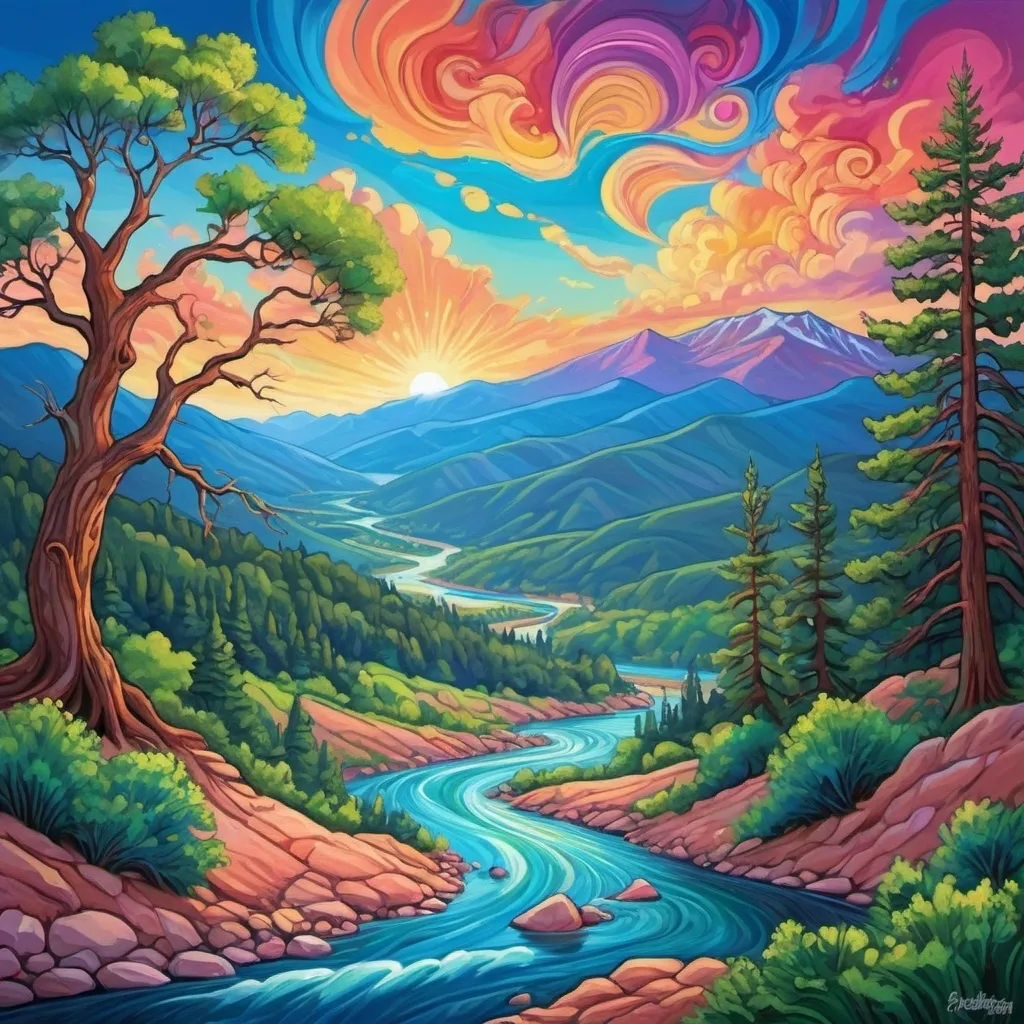 Prompt: 3 rivers mountains trees  Colorado psychedelic sky pikes peak cartoon peaceful






