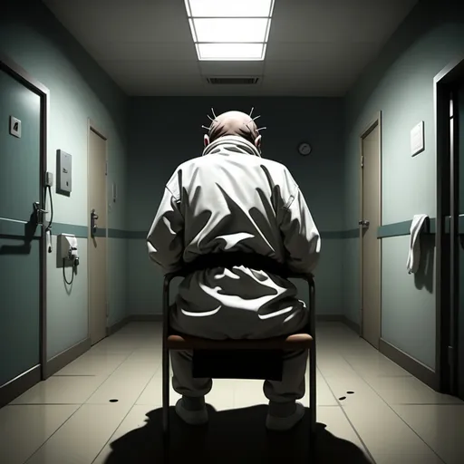 Prompt: (scary psychiatric ward), (dark cartoon style), patient in Straitjacket, back turned to the camera