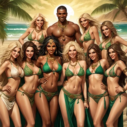 Prompt: High-res digital painting of 1 Carribean black-haired black male warrior and  group of 10 women smiling caucasian all blonde women touching each other with their hands with sensuality in interracial love in a beach setting, intricate clothing with harem-inspired patterns, polygyny, powerful and confident stance, intense and captivating green eyes, enchanting smile, detailed weapons with ornate designs, warm desert tones, dramatic lighting, high-quality, digital painting, fantasy, polygyny, warrior, intricate clothing, green eyes, dramatic lighting, only female women blonde multiple female in the background harem heteroerotic fullorgy fullbreast alltopless