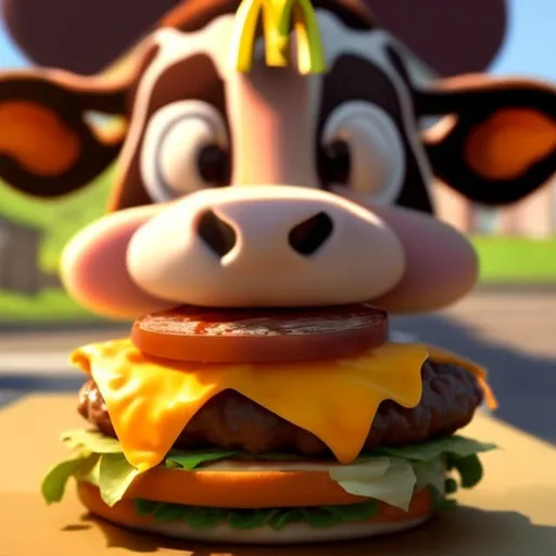 Prompt: a cow who works at McDonald's and cooks a cheeseburger