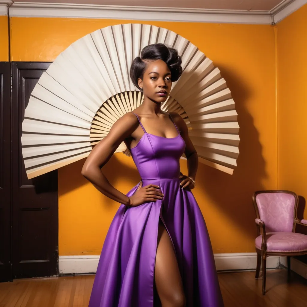 Prompt: a woman in a purple dress standing in a room with a large fan on her shoulder and a large purple dress on her shoulder, Chinwe Chukwuogo-Roy, harlem renaissance, complementing colors, a picture