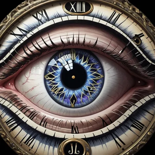 Prompt: A an eye with a clock on the iris, opened by the Cheshire cat from Alice in wonderland (disney-Tim Burton style) in a style of surrealism 