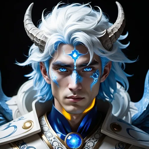 Prompt: A young deity with fluffy, white hair sits serene. His attire is entirely blue, with the most striking feature being the blue steel shoulder scales that add a touch of fantasy to his appearance. From his head sprout two cobalt blue horns, stabbing upward like a bident. His eyes are unique: the left one shines like a blue star, while the right one glows yellow, both set against his porcelain white skin, which shows fine cracks running across its surface. A notable scar runs over his right eye, adding an element of mystery.

In his hands, he holds a small planet, suspended as if by magic. The planet seems to float effortlessly, reflecting the mystical aura surrounding him. Six wings, majestic and ethereal, extend from his back, completing his celestial look.

The image size is 12x12 inches, with high detail to capture the intricate features and textures. Japanese Animation style