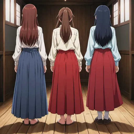 Prompt: The backs of multiple long-straight haired anime girls with untied hairs. The anime girls are wearing buttoned shirts and red pleated maxi long skirts that are extremely long. The anime girls are standing on a wooden floor.