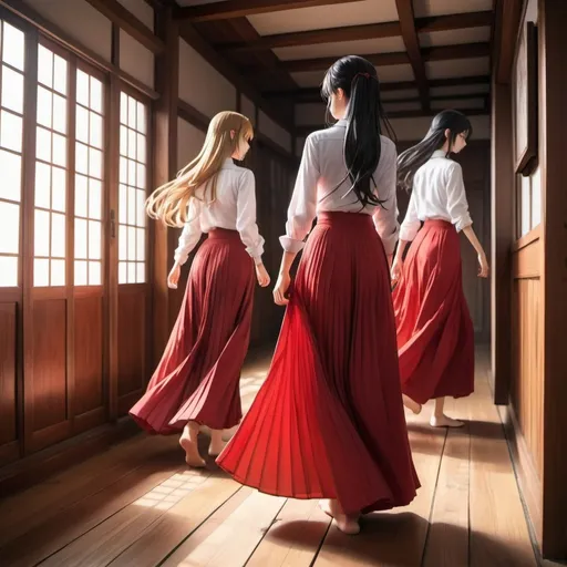 Prompt: The backs of multiple long-straight haired anime girls with untied hairs. The anime girls are wearing buttoned shirts and red pleated maxi long skirts that are extremely long. The anime girls are standing on a wooden floor.