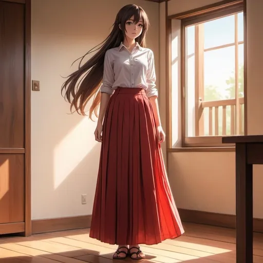 Prompt: The back of a long-straight haired anime girl with untied hair. The anime girl is wearing a buttoned shirt and a red pleated maxi long skirt that is extremely long. The anime girl is standing on a wooden floor.