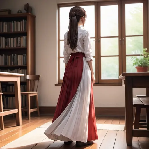 Prompt: The back of a long-straight haired anime girl with untied hair. The anime girl is wearing a buttoned white shirt and a red pleated maxi long skirt that is extremely long. The anime girl is standing on a wooden floor.