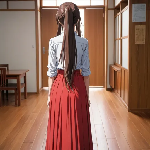 Prompt: The back of a long-straight haired anime girl with untied hair. The anime girl is wearing a buttoned shirt and a red pleated maxi long skirt that is extremely long. The anime girl is standing on a wooden floor.