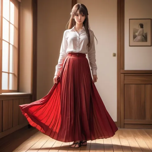 Prompt: The back of a long-straight haired anime girl with untied hair. The anime girl is wearing a buttoned shirt and a red pleated maxi long skirt that is extremely long. The anime girl is standing on a wooden floor.