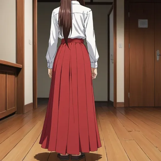 Prompt: The back of a long-straight haired anime girl with untied hair. She is wearing a buttoned white shirt and a red pleated maxi long skirt that is extremely long. The anime girl is standing on a wooden floor.