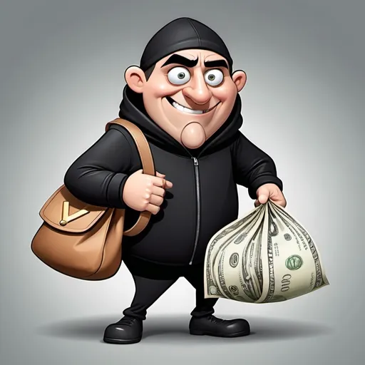 Prompt: cartoon thief with bag of money more cartoony


