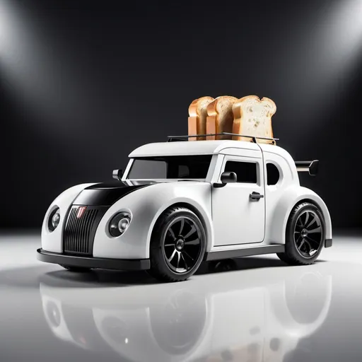 Prompt: White toaster transformed into a race car, massive spoiler, big black back wheels, small black front wheels, popping toast, high quality, detailed, dynamic lighting, 