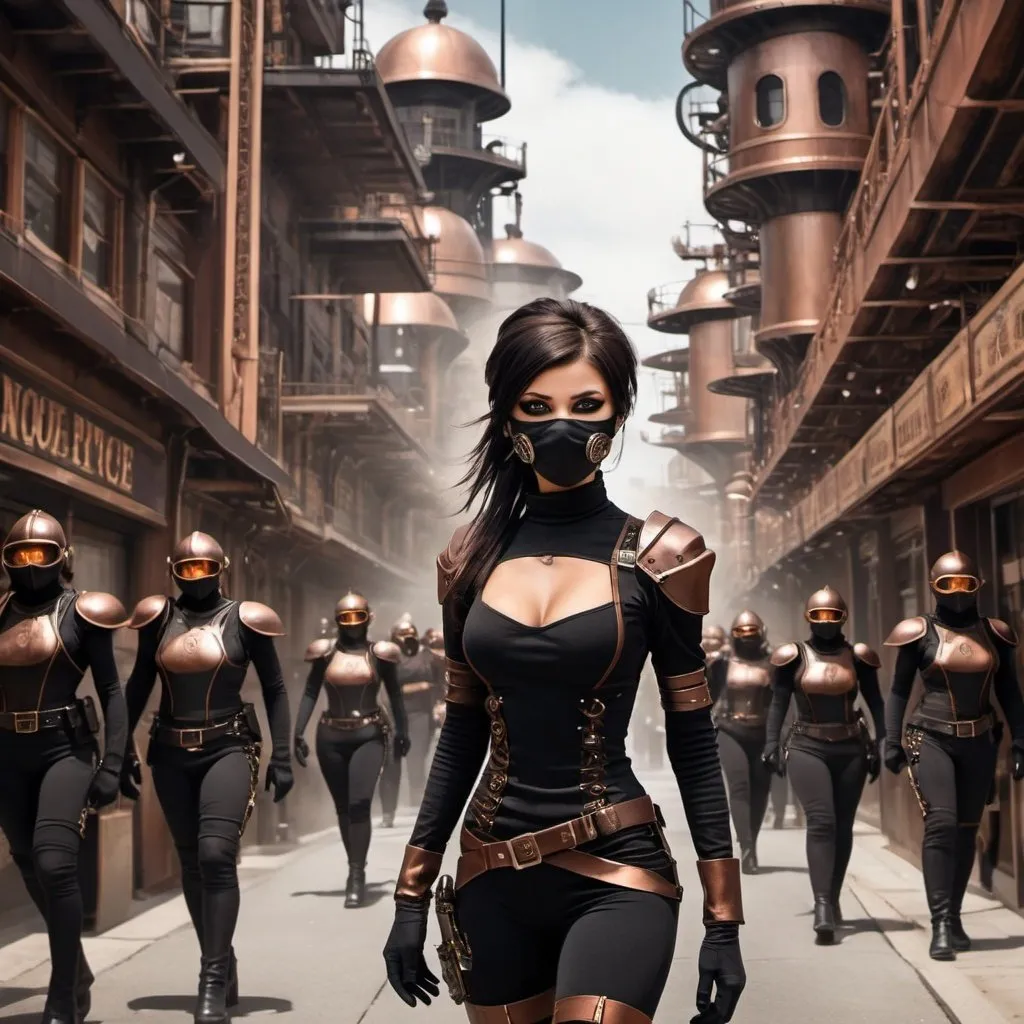 Prompt: steampunk city, far away picture, young normal eyed woman, all black tight ninja outfit, copper fittings on her body, futuristic black face mask with copper piping around it, bright brown eyes, shoulder length black hair with a copper colored stripe in the bangs of her hair, escaping male androids chasing her, steampunk police in the background