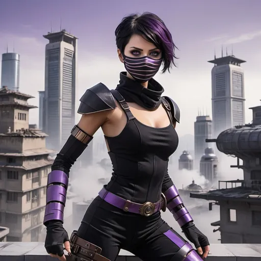 Prompt: futuristic city young normal eyed woman black ninja outfit, futuristic face mask,  brown eyes, short black hair with a purple stripe in her hair, fighting large steampunk male androids on a building roof