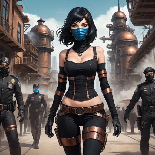 Prompt: steampunk city, full body picture, young normal eyed woman, all black tight ninja outfit, futuristic face mask,  bright blue eyes, shoulder length black hair with a copper colored stripe in the bangs of her hair, escaping male androids, steampunk police in the background