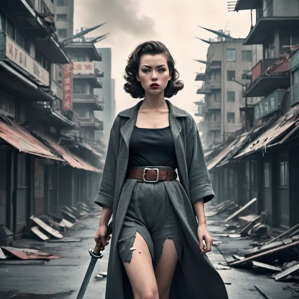 Prompt: 1950's style futuristic apocalypse cityscape, young woman traveling alone through the city her clothes torn she is carrying a samurai sword