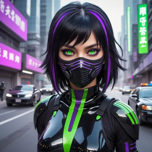 Prompt: futuristic city young normal eyed woman black ninja outfit, futuristic face mask,  bright green eyes, shoulder length black hair with a purple stripe in the bangs of her hair, escaping male androids, police hover cars in the background