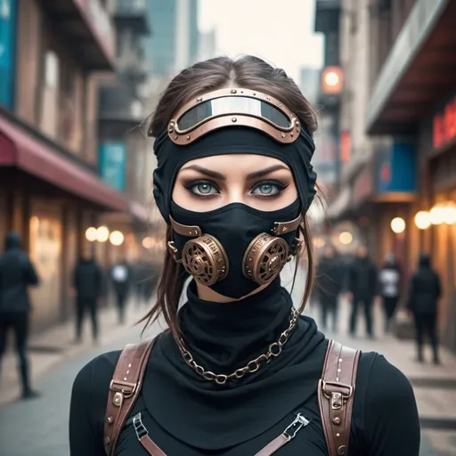 Prompt: futuristic city young normal eyed woman ninja warrior fighting steampunk androids in the streets, futuristic face mask