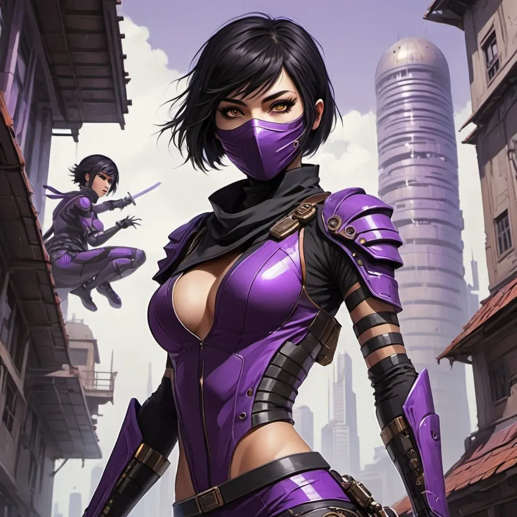Prompt: futuristic city young normal eyed woman ninja outfit, futuristic face mask,  brown eyes, short black hair with a purple stripe, fighting large steampunk male androids in the building roof, 