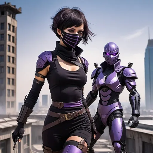 Prompt: futuristic city young normal eyed woman black ninja outfit, futuristic face mask,  brown eyes, short black hair with a purple stripe in her hair, fighting large steampunk male androids on a building roof