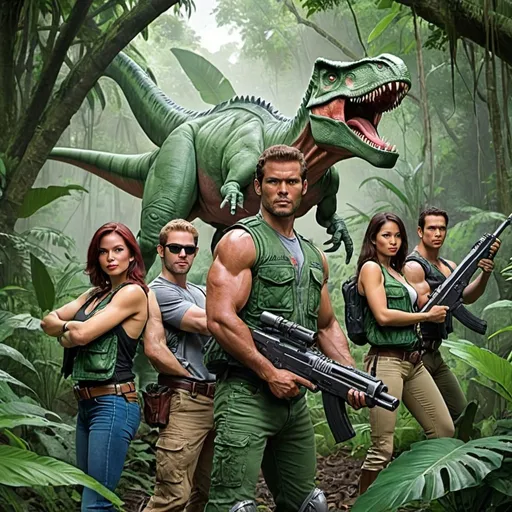 Prompt: dino riders humans with big guns in the jungle
