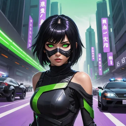 Prompt: futuristic city young normal eyed woman black ninja outfit, futuristic face mask,  bright green eyes, shoulder length black hair with a purple stripe in the bangs of her hair, escaping male androids, police hover cars in the background