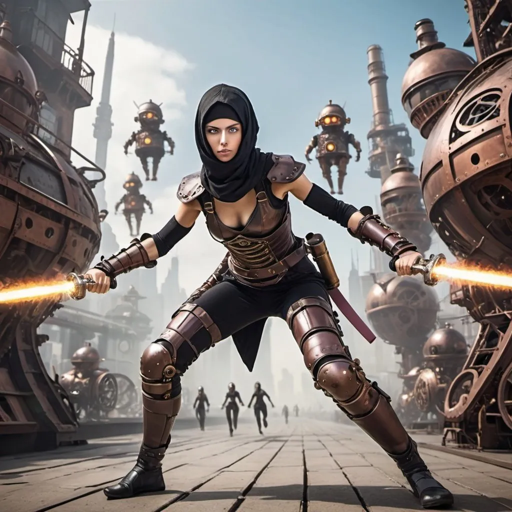 Prompt: futuristic city young woman ninja warrior fighting steampunk androids 