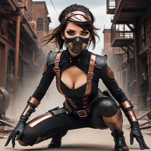 Prompt: steampunk city, far away picture, young normal eyed woman, all black tight ninja outfit, copper fittings on her body, futuristic black face mask with copper piping around it, bright brown eyes, shoulder length black hair with a copper colored stripe in the bangs of her hair, she is crouching down in a fighting stance, steampunk police are pursuing her